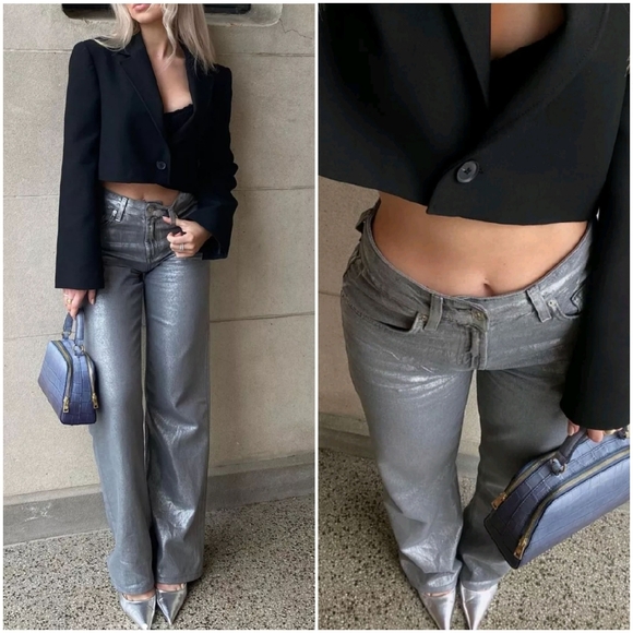 Zara Metallic Foil Wide Leg Jeans - Picture 6 of 16
